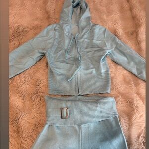 Light Blue Knit Hoodie & Wide Waistband Pants Set